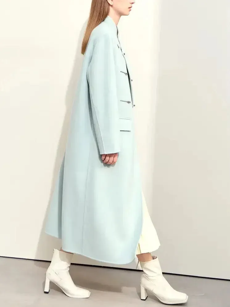 Asymmetrical-Closure Mandarin Collar Wool Coat in Pale Blue