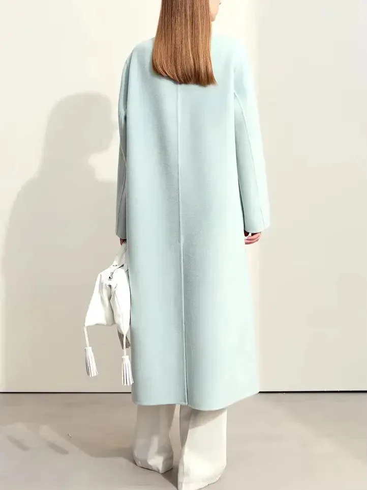 Asymmetrical-Closure Mandarin Collar Wool Coat in Pale Blue