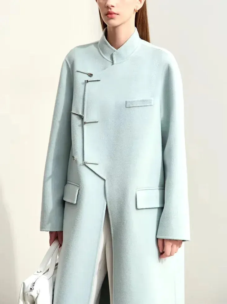 Asymmetrical-Closure Mandarin Collar Wool Coat in Pale Blue