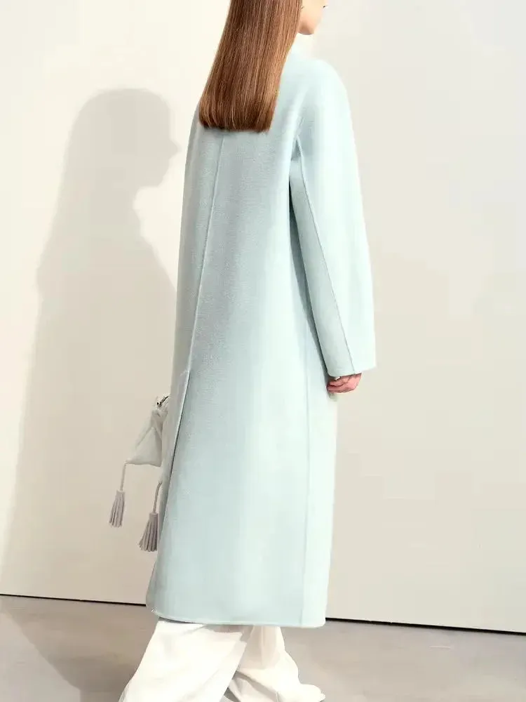 Asymmetrical-Closure Mandarin Collar Wool Coat in Pale Blue