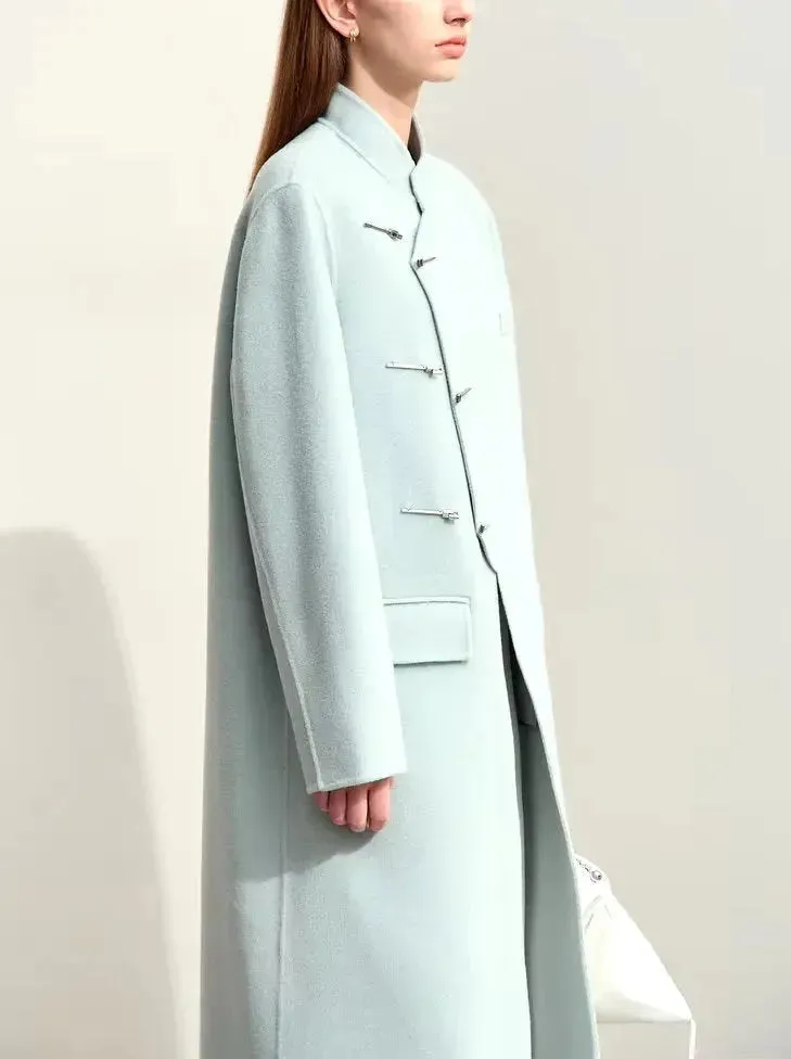 Asymmetrical-Closure Mandarin Collar Wool Coat in Pale Blue