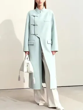 Asymmetrical-Closure Mandarin Collar Wool Coat in Pale Blue