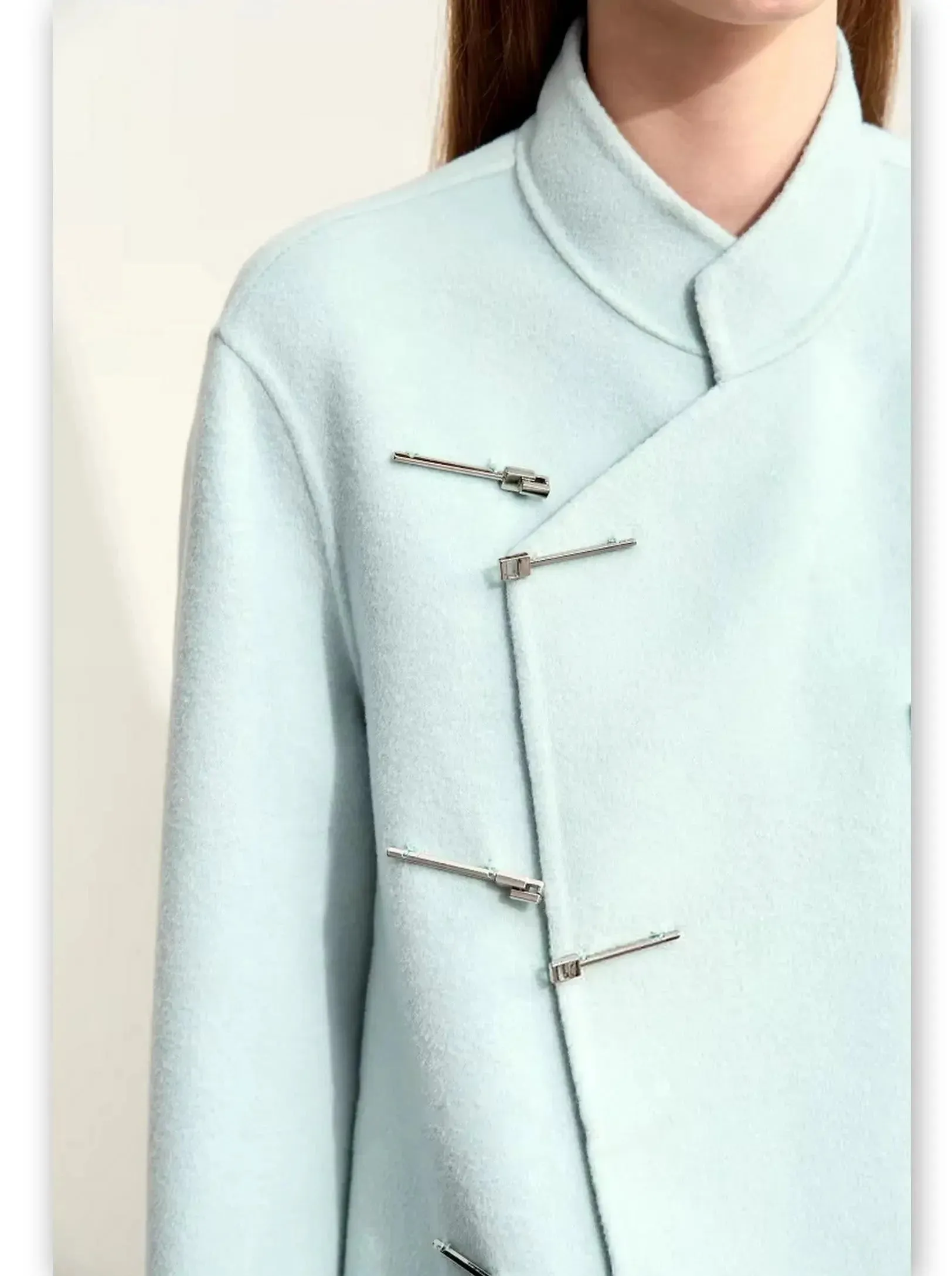 Asymmetrical-Closure Mandarin Collar Wool Coat in Pale Blue