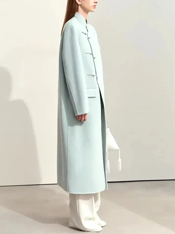 Asymmetrical-Closure Mandarin Collar Wool Coat in Pale Blue