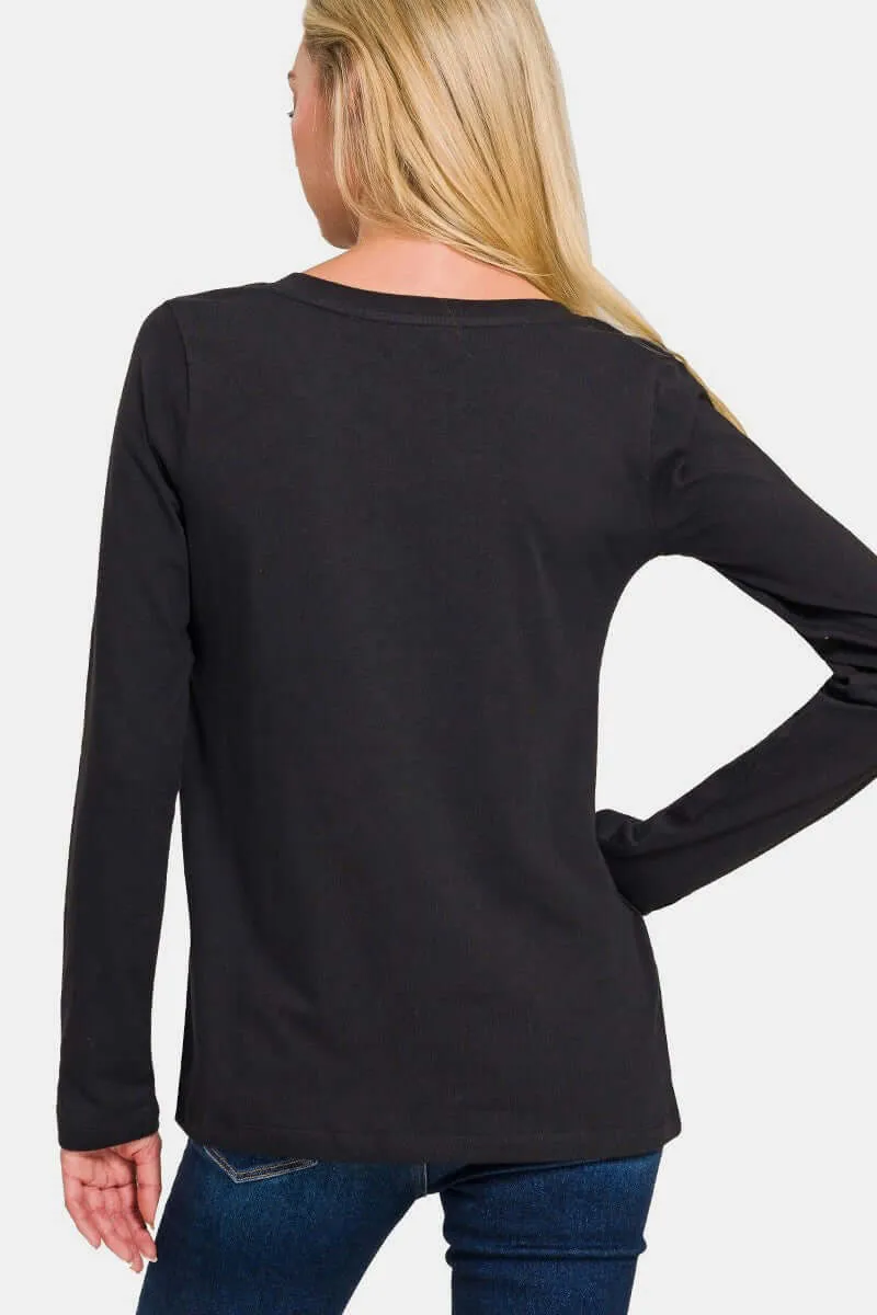 Black Full Size V-Neck Long Sleeve T-Shirt