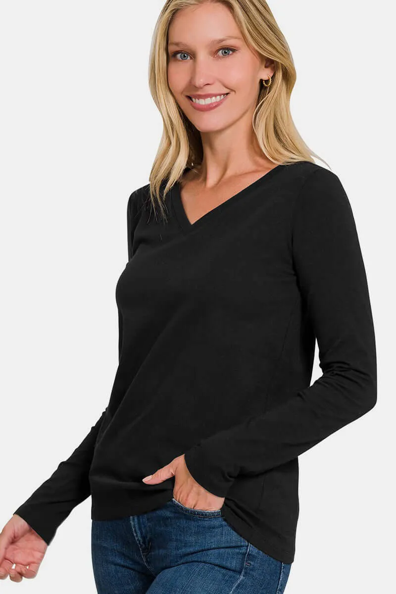 Black Full Size V-Neck Long Sleeve T-Shirt