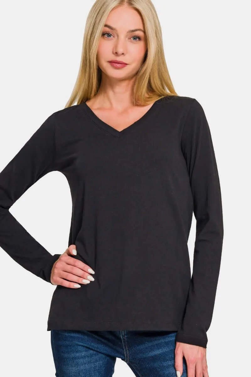 Black Full Size V-Neck Long Sleeve T-Shirt