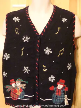 Black Funny Ugly Sweater Vest with Plaid Snowmen