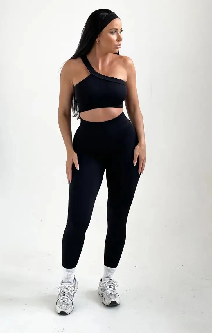 Black Ribbed One Shoulder Fitted Activewear Set - Aurora