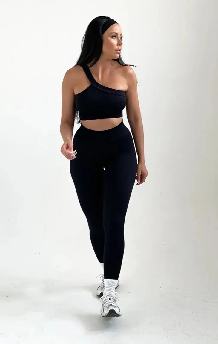 Black Ribbed One Shoulder Fitted Activewear Set - Aurora