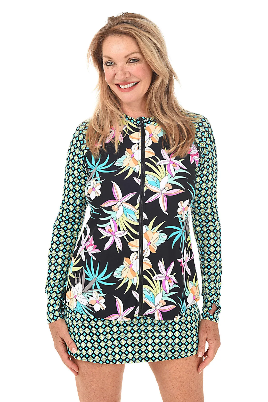 Black Tropic Bloom Zip-Front Rash Guard