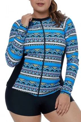 Blue Tribal Geometry Front Zip Rashguard Swim Top