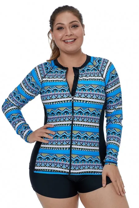 Blue Tribal Geometry Front Zip Rashguard Swim Top