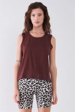 Burgundy Solid Sleeveless Raw Hem Detail Round Neck Basic Tank Top