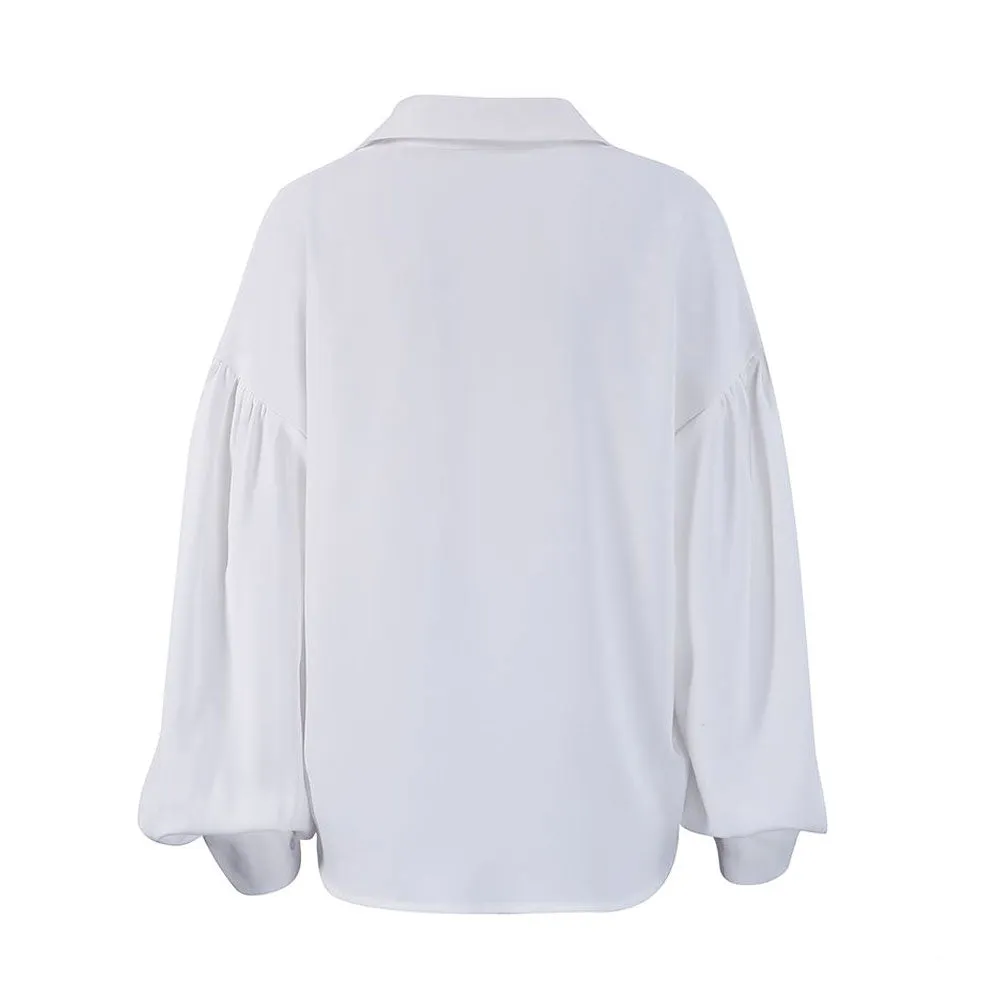 Button Down Ruched Bishop Sleeve Pointed Collar Shirt - White