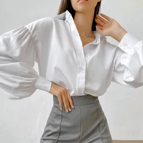 Button Down Ruched Bishop Sleeve Pointed Collar Shirt - White