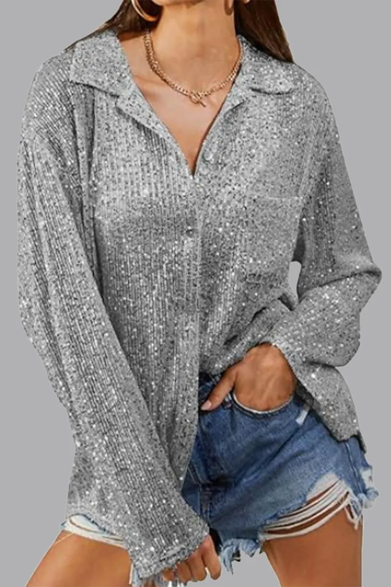 Casual Solid Sequins Turndown Collar Tops