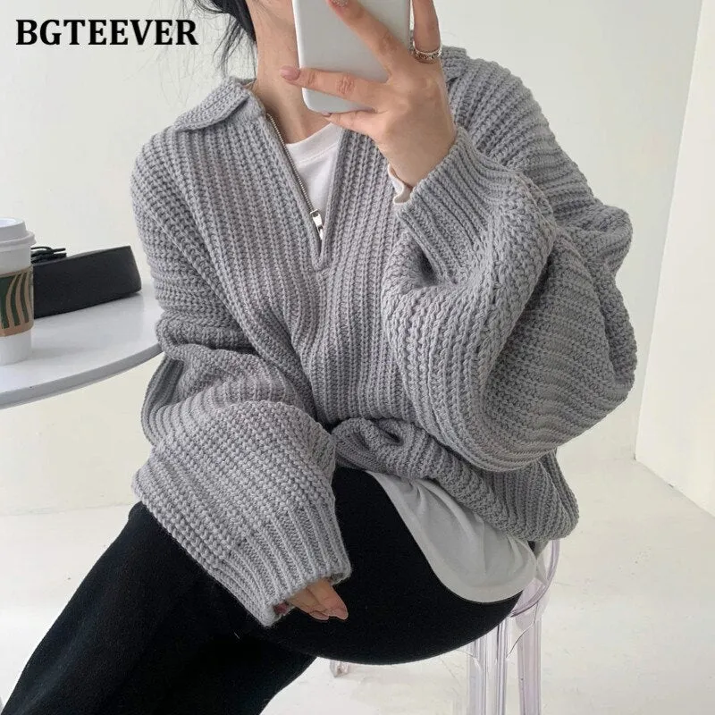 Christmas Gift Joskaa Chic Vintage Lapel Zippers Women Sweaters Jumpers 2024 Autumn Winter Full Sleeve Warm Loose Female Knitted Pullovers