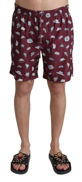 Dolce & Gabbana Maroon Hats Print Beachwear Shorts Swimwear