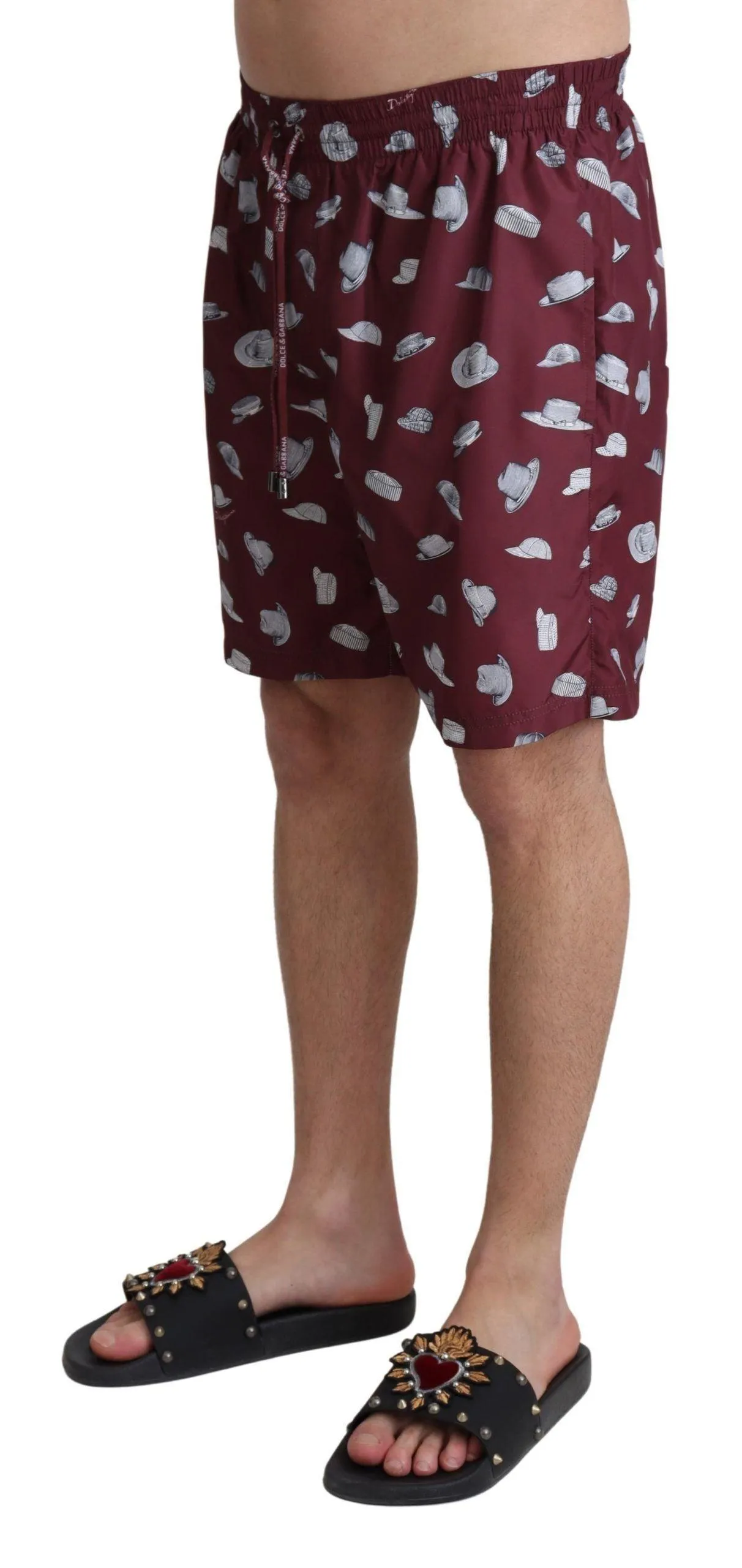 Dolce & Gabbana Maroon Hats Print Beachwear Shorts Swimwear