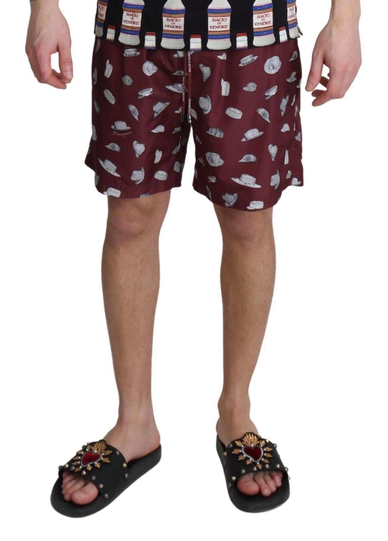 Dolce & Gabbana Maroon Hats Print Beachwear Shorts Swimwear