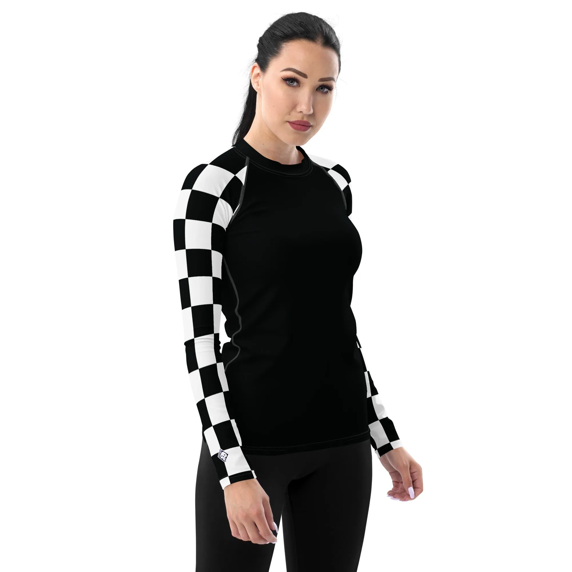 Fashionable Defense: Checkered Women's Long Sleeve BJJ Rash Guard - Noir