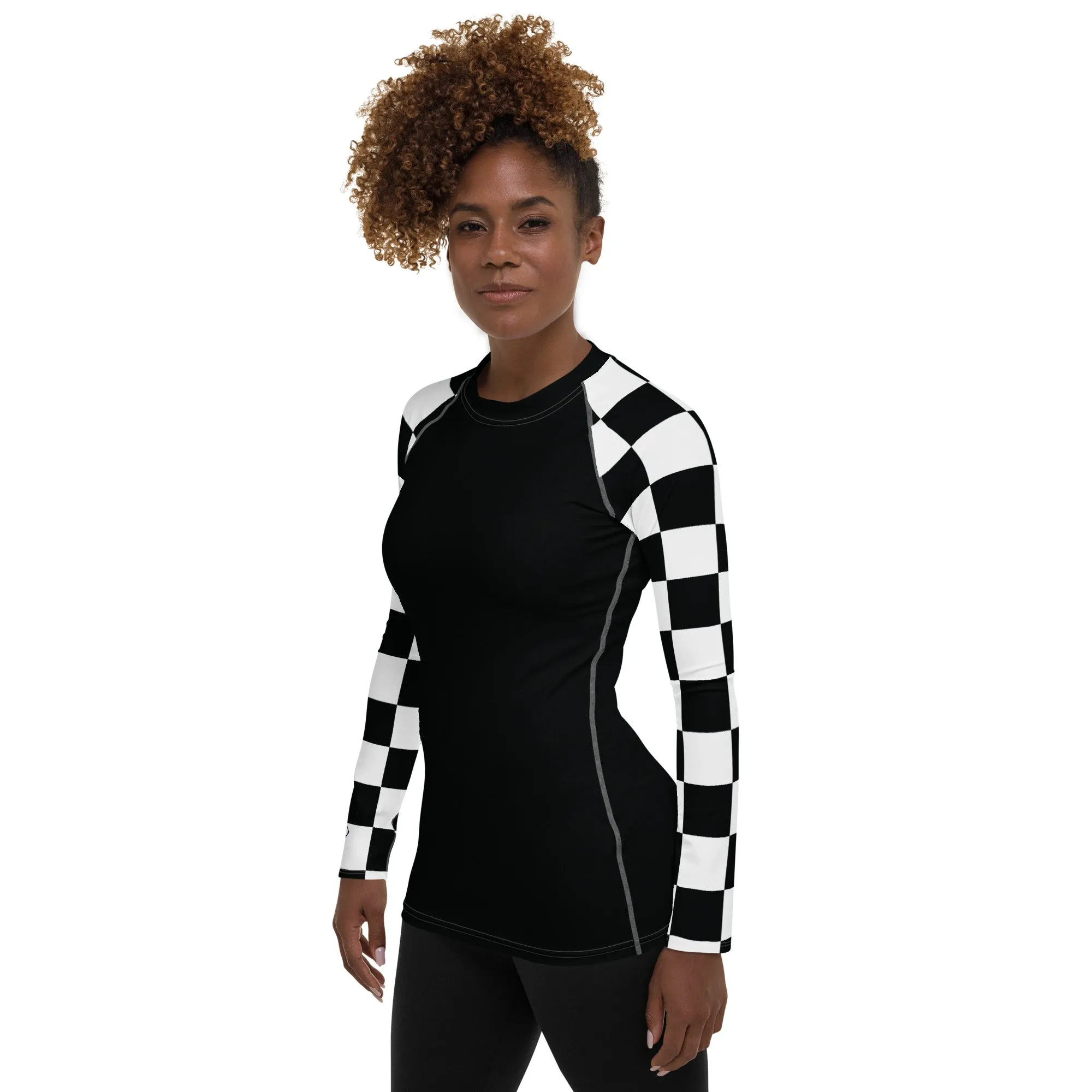 Fashionable Defense: Checkered Women's Long Sleeve BJJ Rash Guard - Noir