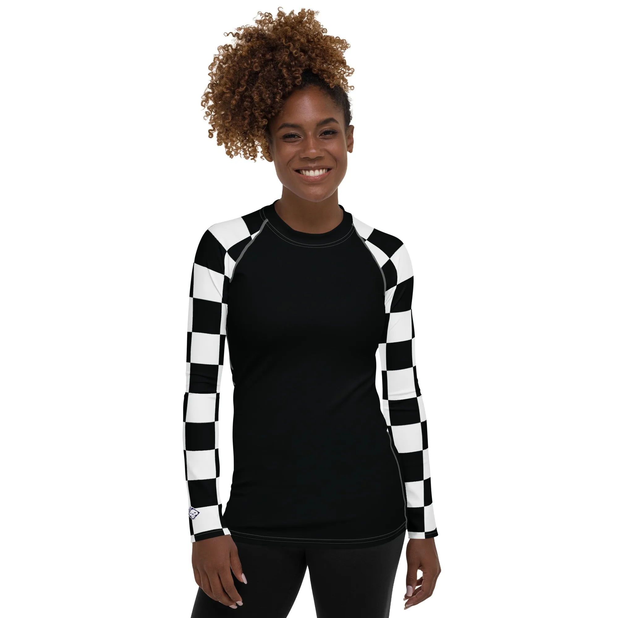 Fashionable Defense: Checkered Women's Long Sleeve BJJ Rash Guard - Noir