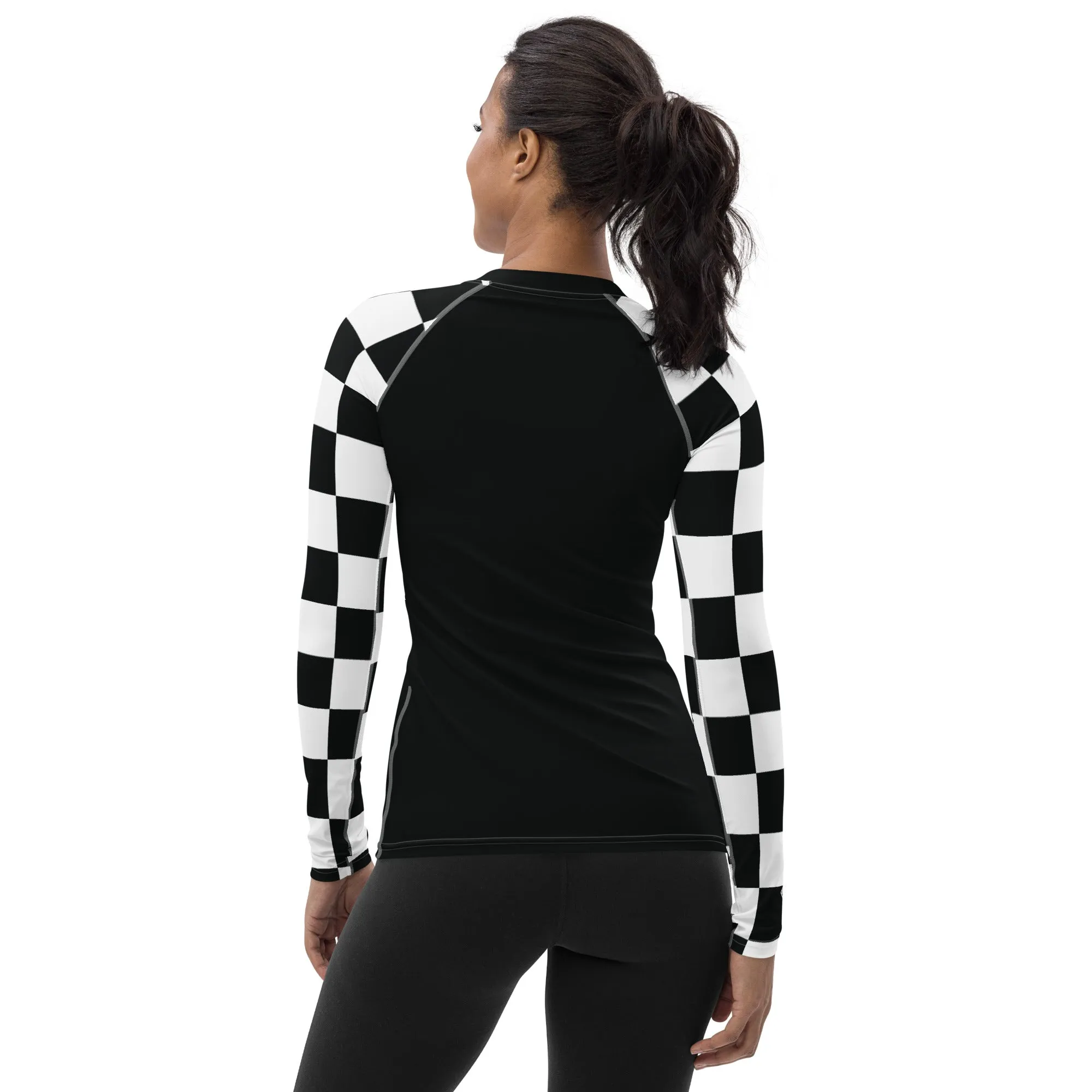 Fashionable Defense: Checkered Women's Long Sleeve BJJ Rash Guard - Noir