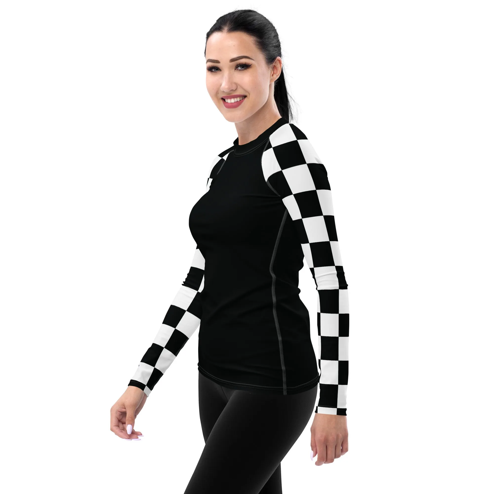 Fashionable Defense: Checkered Women's Long Sleeve BJJ Rash Guard - Noir