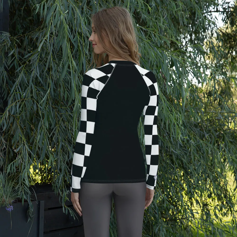 Fashionable Defense: Checkered Women's Long Sleeve BJJ Rash Guard - Noir