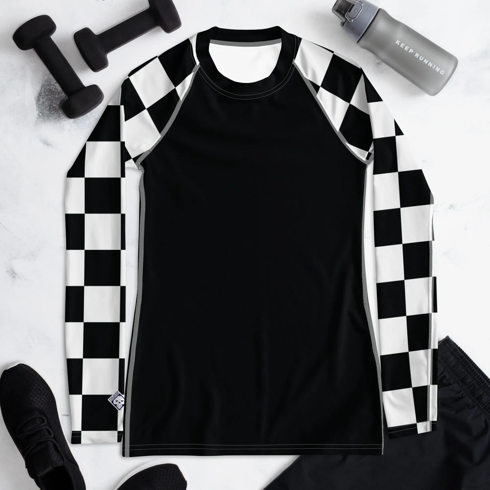 Fashionable Defense: Checkered Women's Long Sleeve BJJ Rash Guard - Noir