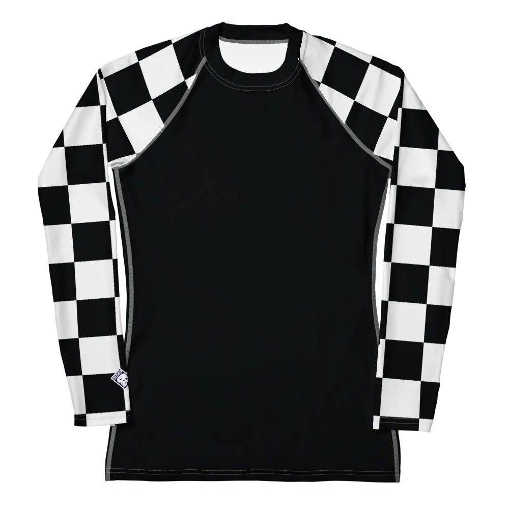 Fashionable Defense: Checkered Women's Long Sleeve BJJ Rash Guard - Noir