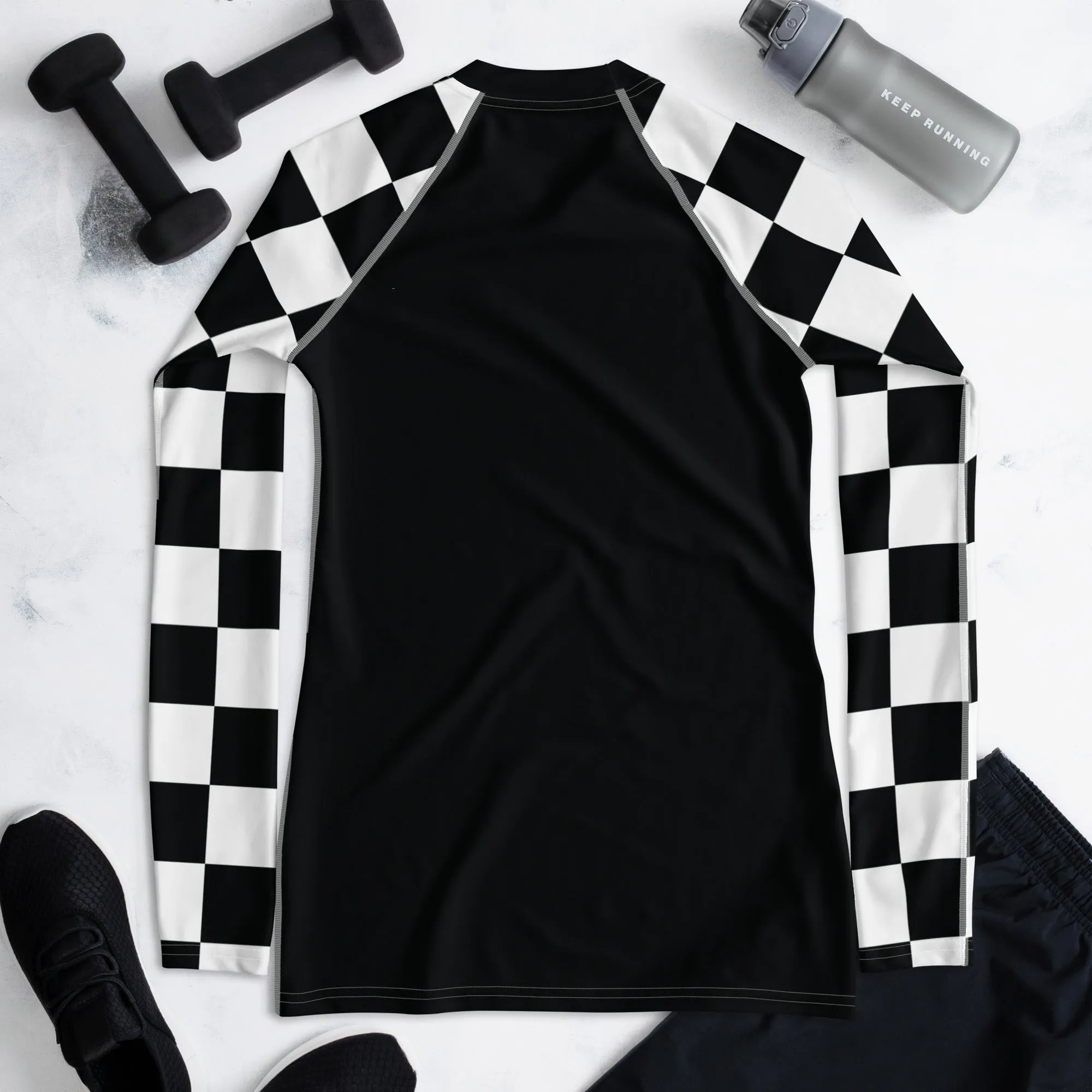 Fashionable Defense: Checkered Women's Long Sleeve BJJ Rash Guard - Noir