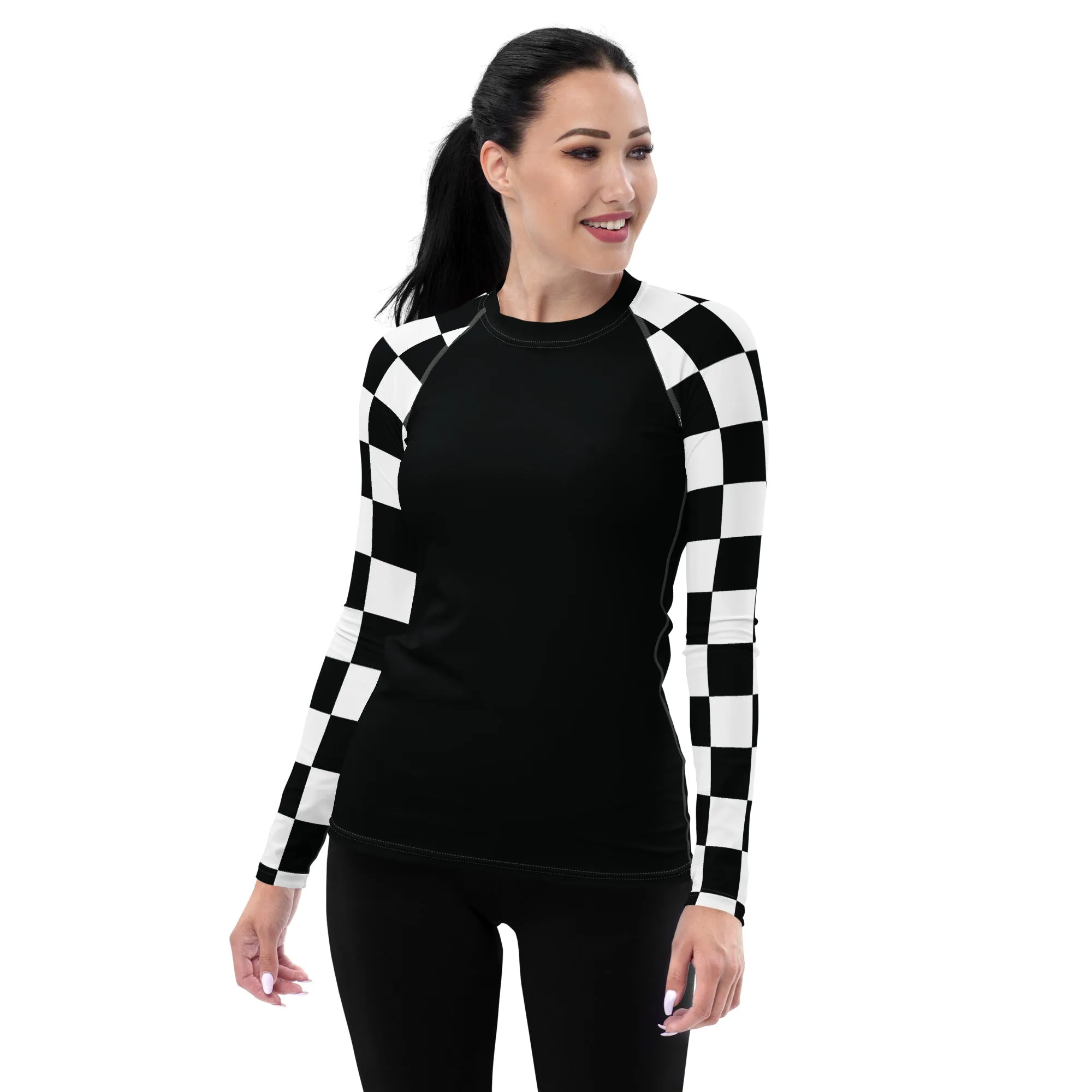 Fashionable Defense: Checkered Women's Long Sleeve BJJ Rash Guard - Noir