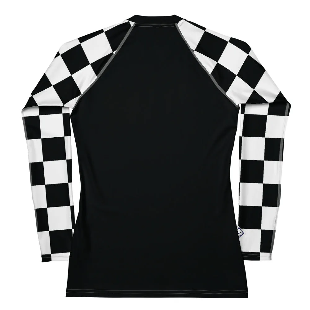 Fashionable Defense: Checkered Women's Long Sleeve BJJ Rash Guard - Noir