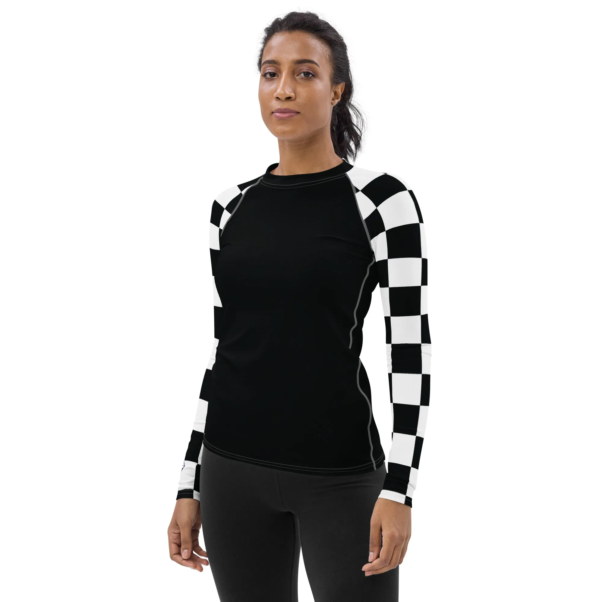 Fashionable Defense: Checkered Women's Long Sleeve BJJ Rash Guard - Noir