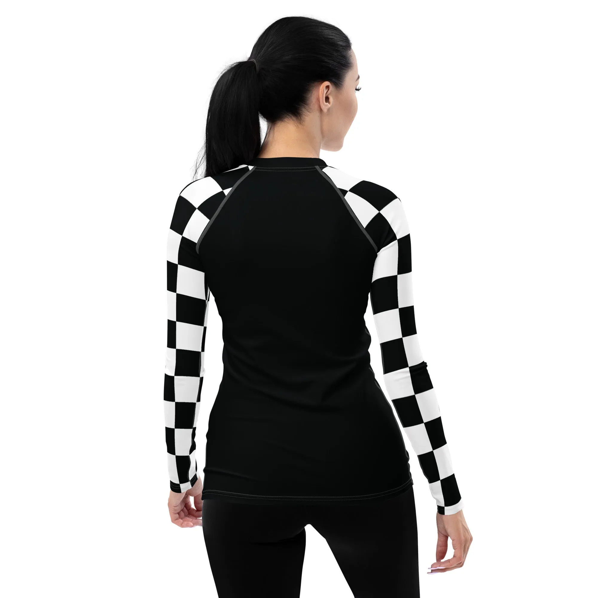 Fashionable Defense: Checkered Women's Long Sleeve BJJ Rash Guard - Noir