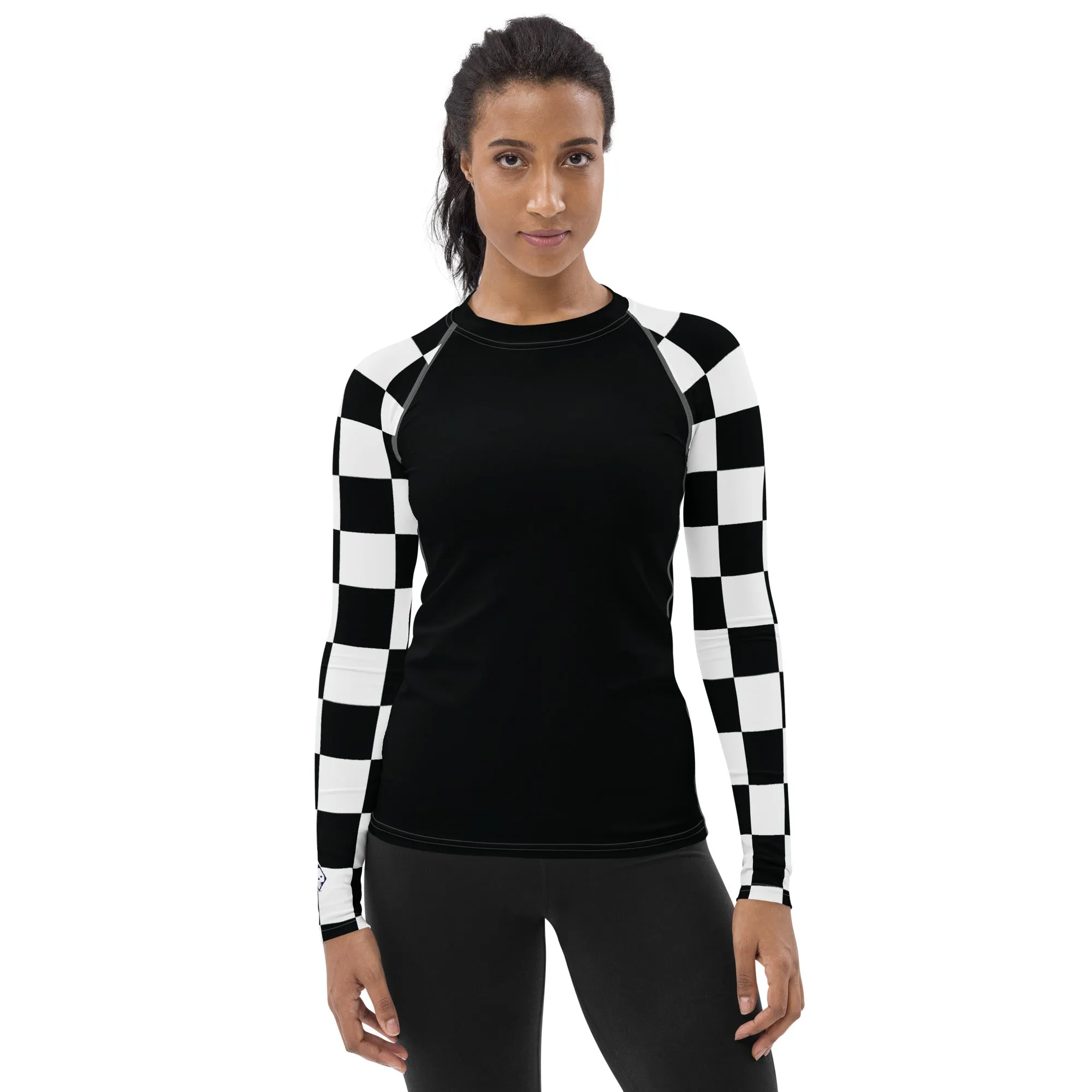 Fashionable Defense: Checkered Women's Long Sleeve BJJ Rash Guard - Noir