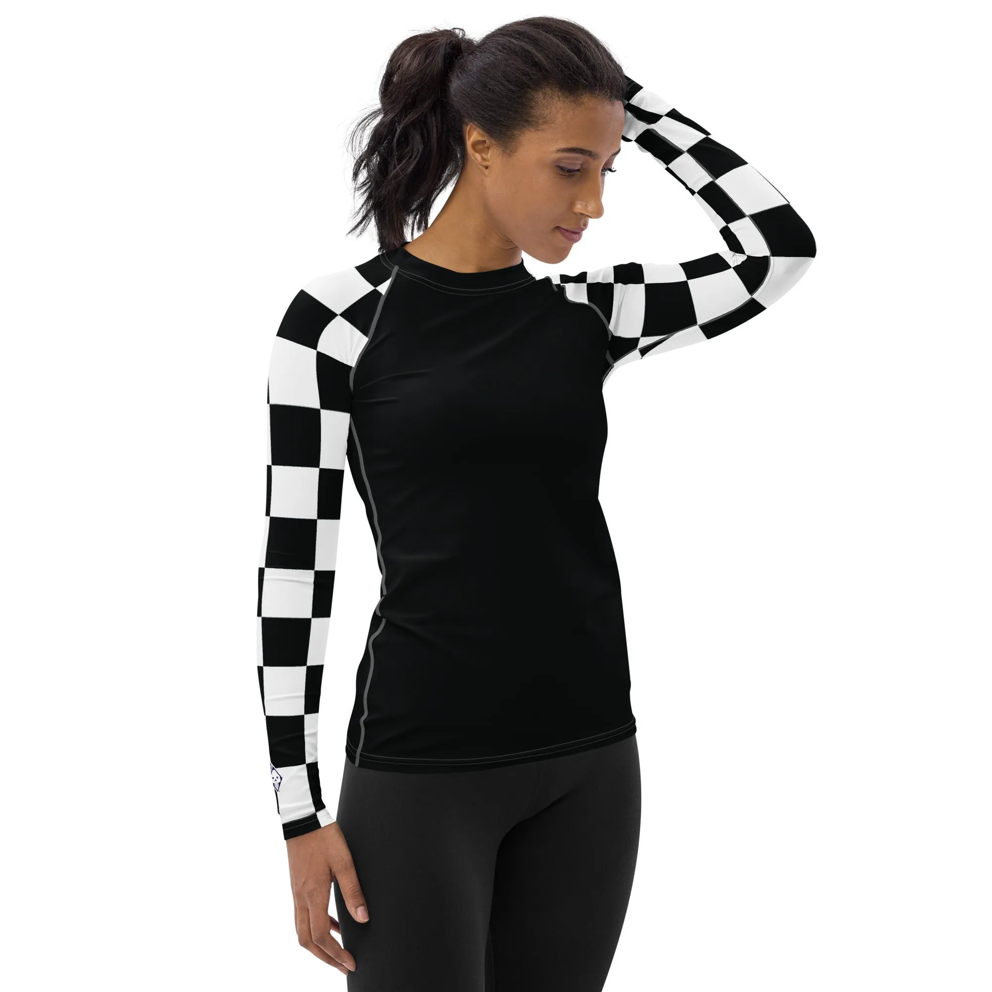 Fashionable Defense: Checkered Women's Long Sleeve BJJ Rash Guard - Noir