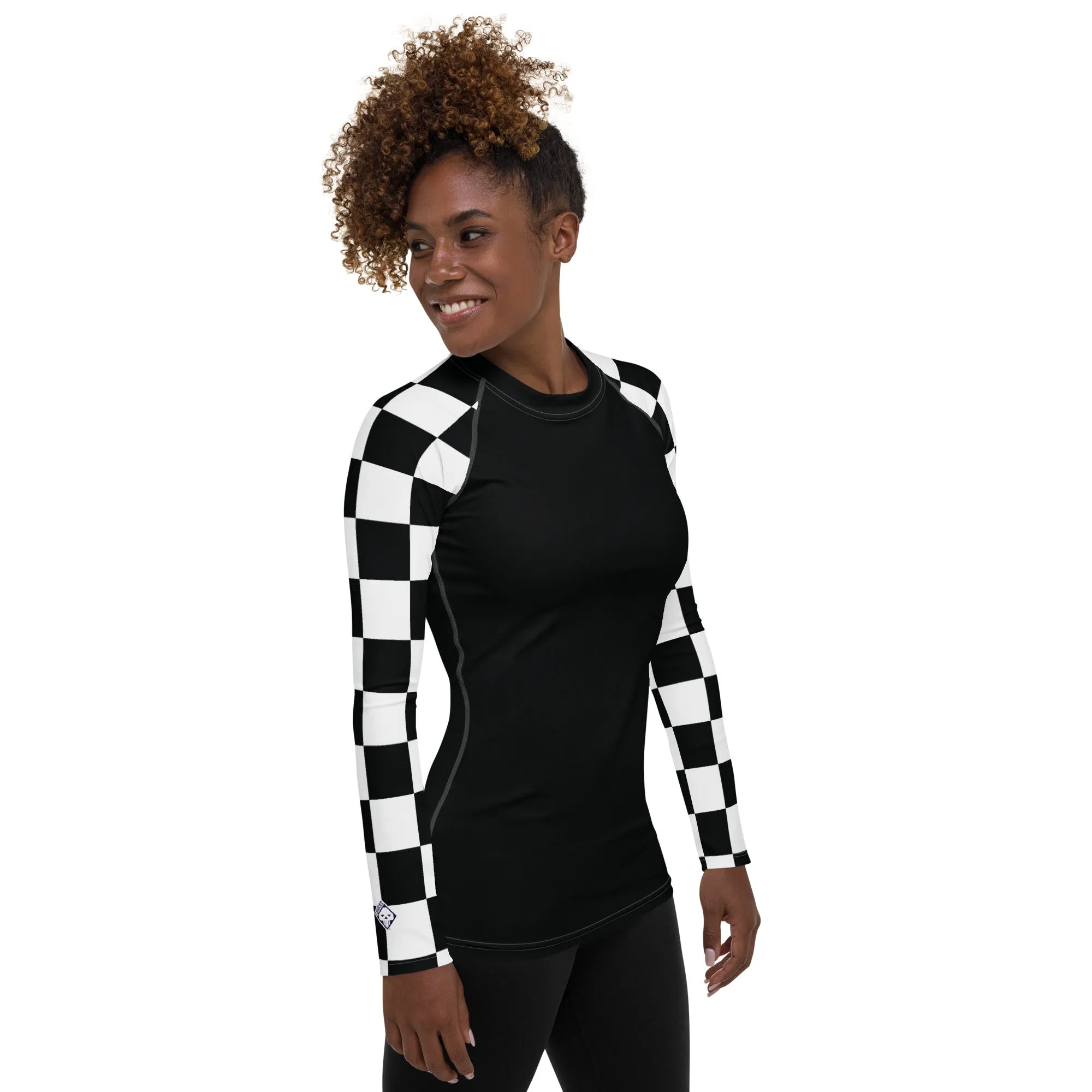 Fashionable Defense: Checkered Women's Long Sleeve BJJ Rash Guard - Noir