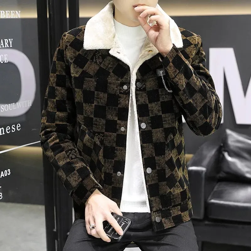 Fashionable Plaid Corduroy Jacket for Men - Plus Velvet Warmth in Casual Slim Streetwear Style