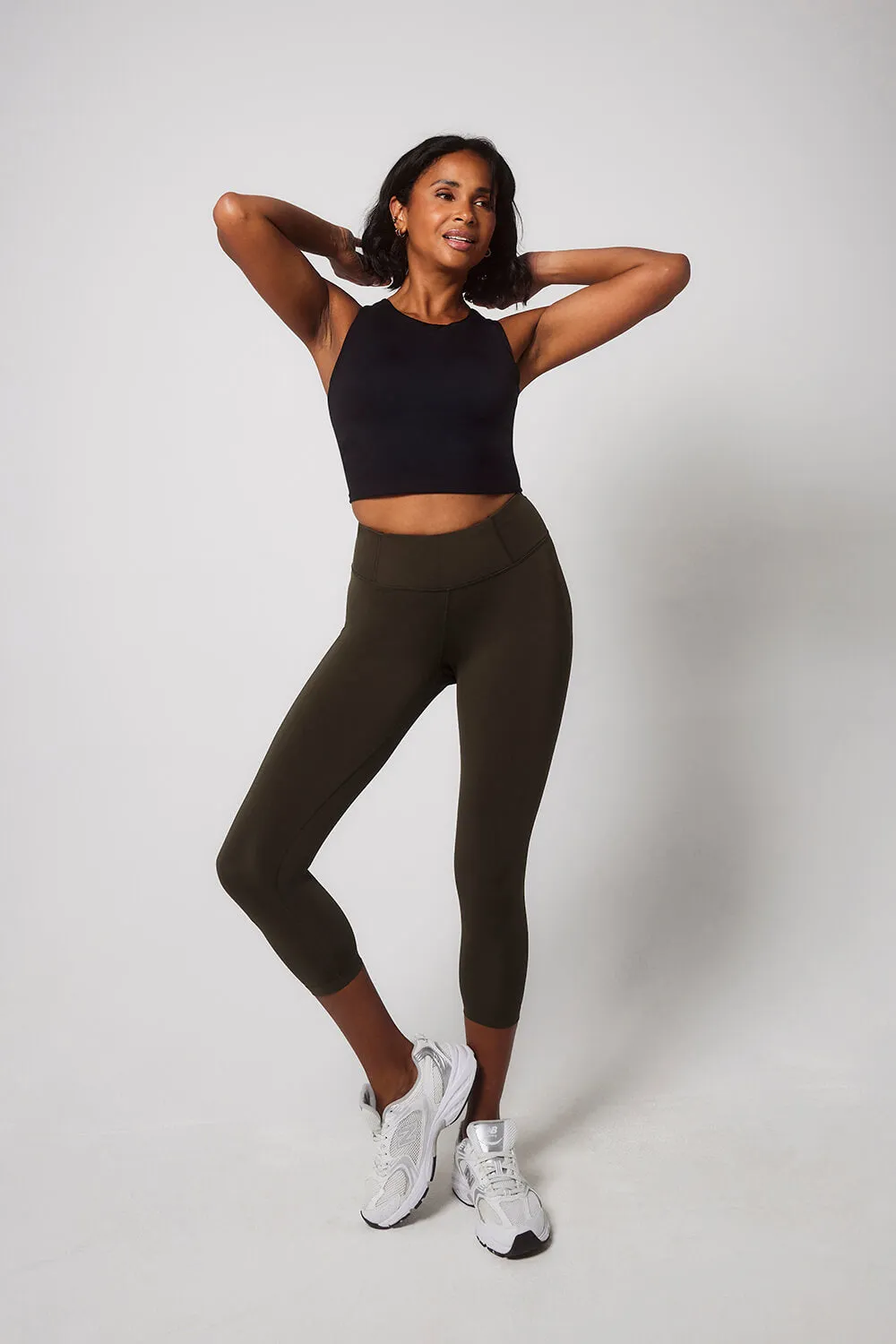 Focus Cropped High Waisted Sports Leggings - Olive Green