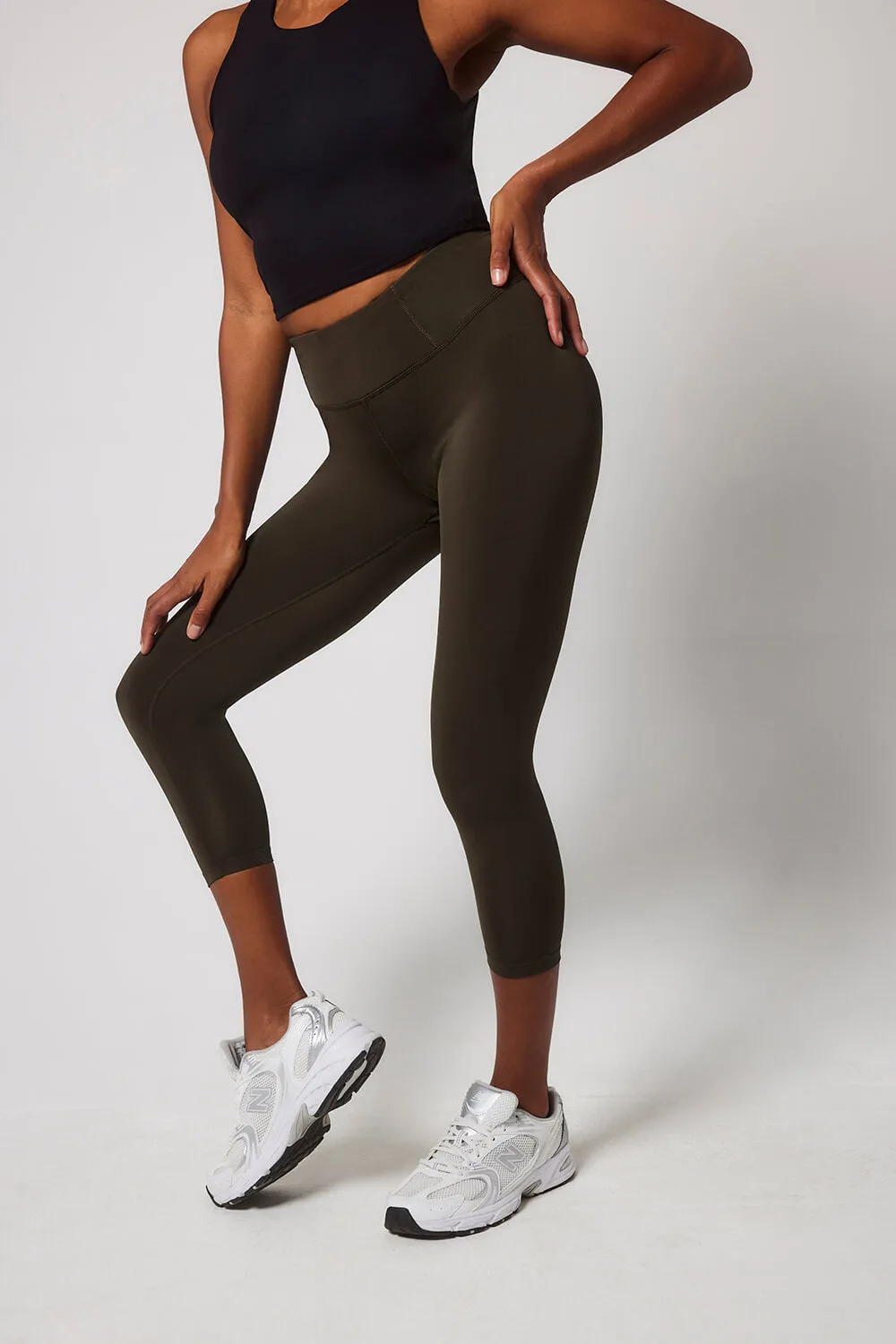 Focus Cropped High Waisted Sports Leggings - Olive Green