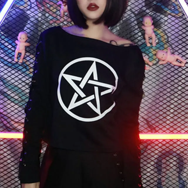 Gothic Pentagram Dark Print Lace Up Long Sleeve