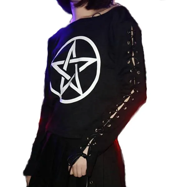 Gothic Pentagram Dark Print Lace Up Long Sleeve