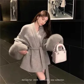 Grey Tie Waist Woolen Loose High-end Cape Medium Coats