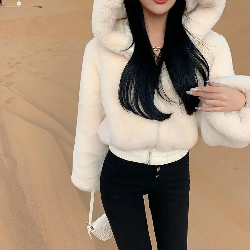 High Quality Furry Cropped Fluffy Hooded Winter Fur Coats