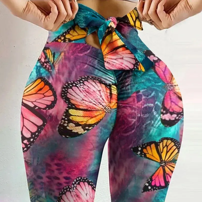 High Waisted Bow Tie Printed Yoga Pants