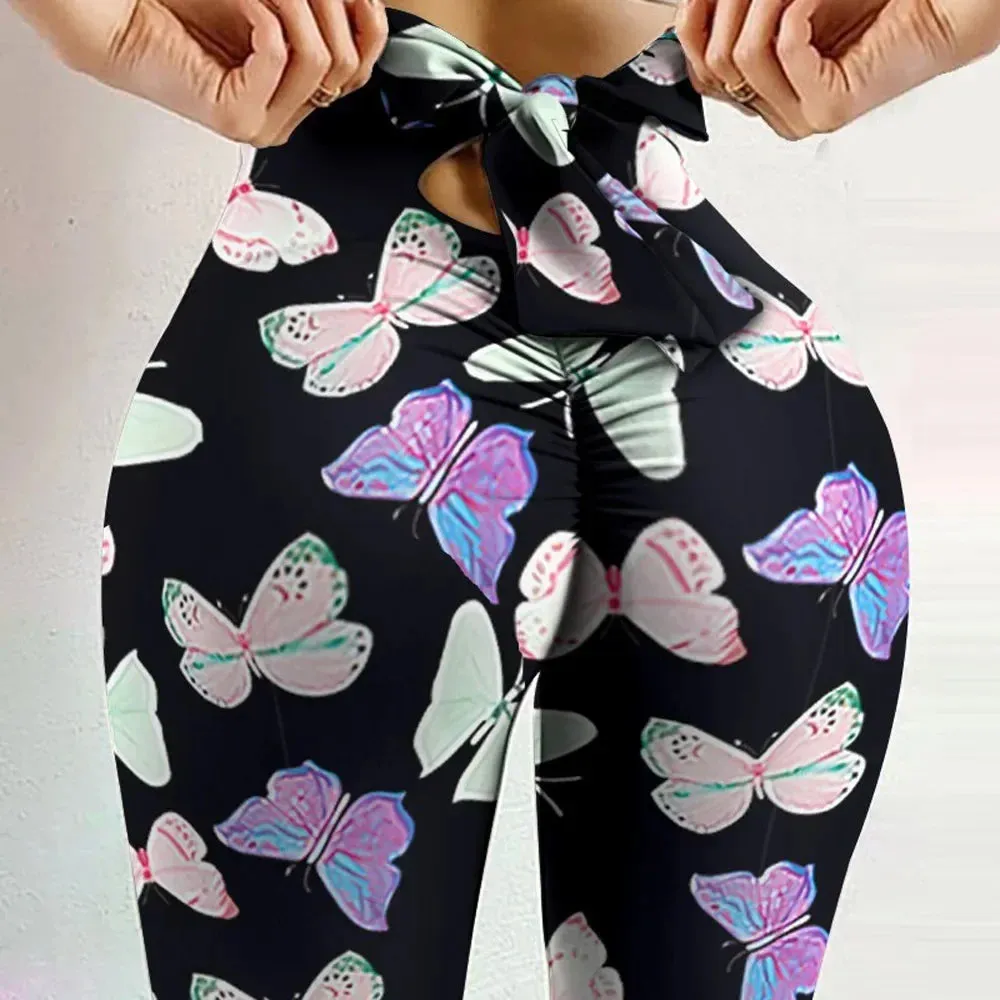 High Waisted Bow Tie Printed Yoga Pants